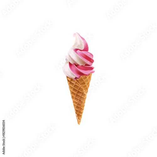 Delightful Swirled Ice Cream Cone with Strawberry and Vanilla Flavors Isolated