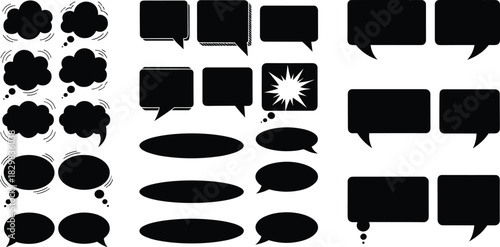 An extensive vector set of versatile black speech bubbles and thought balloons in various shapes, including clouds, squares, and ovals, ideal for comic design, communication,