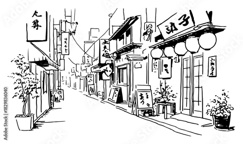 Hand-drawn vector sketch of a busy asian city street with traditional hanging lanterns vertical signs and shop fronts