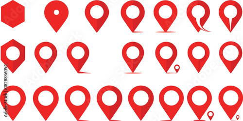Collection of modern red location map pin icons with various shapes and shadows.