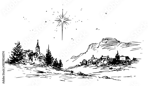 Hand-drawn vector sketch of the christmas star of bethlehem shining over a rural village with a church and mountains at night