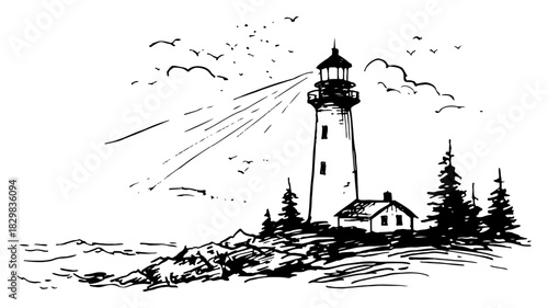 Coastal lighthouse illuminating rocky shore with pine trees – detailed black line-art vector illustration