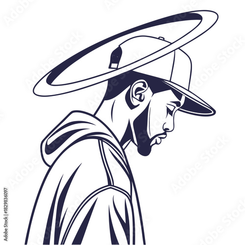 man wearing hat with halo, black and white clip art preview
