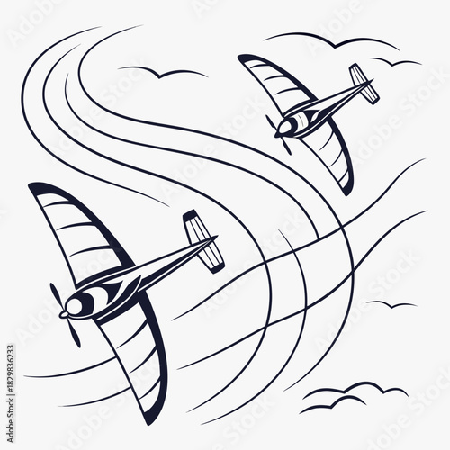 Two vintage airplanes performing aerobatics in the sky with stylized clouds and birds