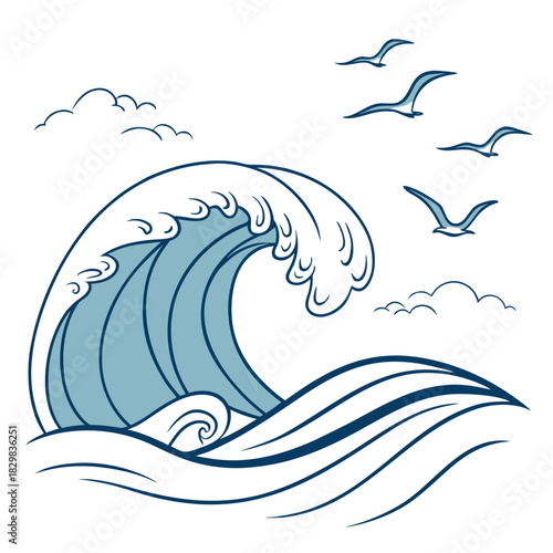 Stylized ocean wave with seagulls and clouds illustration