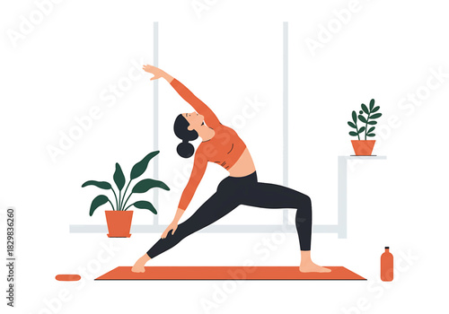 Woman practicing yoga in a sunlit room with plants and a yoga mat
