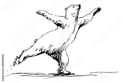 Hand drawn vector sketch of a funny polar bear ice skating gracefully on frozen ice