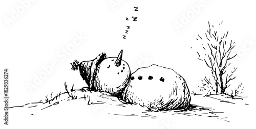Hand drawn sketch of a funny sleeping snowman lying on the snow with closed eyes vector illustration of winter relaxation or tiredness