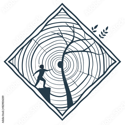 Silhouette of a person reaching towards a tree trunk with rings inside a diamond shape