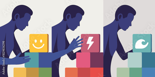 Minimalist professional illustration depicting a person building conceptual foundations using sequential blocks symbolizing happiness, energy, and adaptability, representing strategic development, per