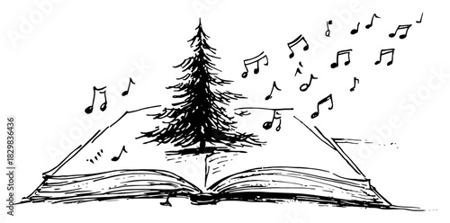 Open book with Christmas tree and musical notes – festive holiday carol concept vector illustration