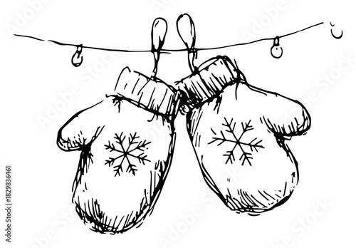 Hanging winter mittens with snowflake pattern on string lights – cozy seasonal vector illustration