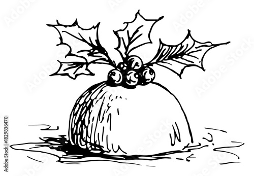 Christmas pudding with holly berries and leaves – traditional festive dessert sketch vector illustration