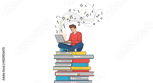 Creative person sitting on a stack of books with a laptop, ideas flowing from the screen