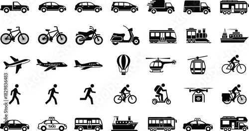 Diverse set of solid black silhouette icons representing transport, travel, and personal mobility on white.