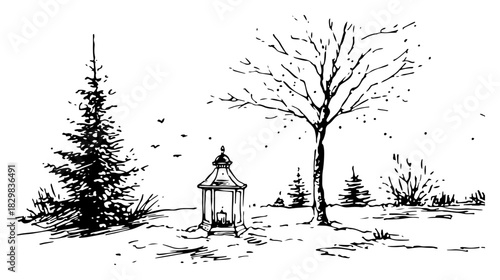 Hand drawn vector sketch of a peaceful winter landscape with a lantern burning on the snow near trees