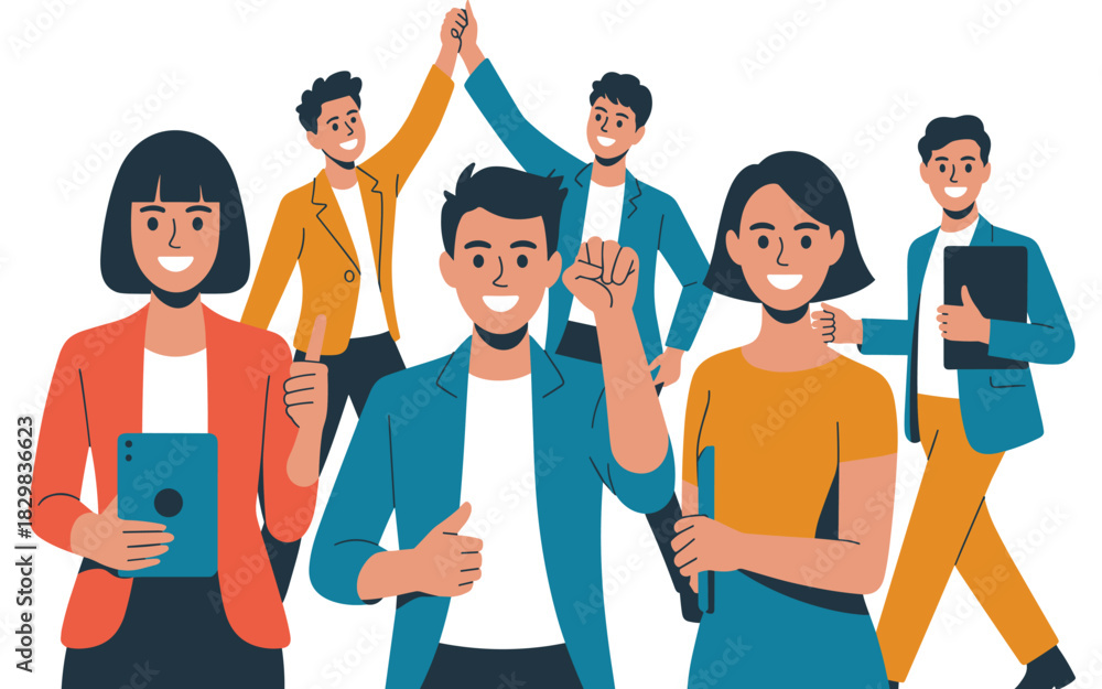 Obraz premium Dynamic diverse business team celebrating teamwork, leadership, and professional achievement, featuring smiling young adult colleagues giving thumbs up and fist bumps in a vibrant flat design illustra