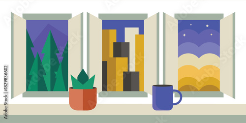 Professional stylized flat design vector illustration depicting three distinct open window views—lush green pine trees, a yellow and gray city skyline, and a starry blue night landscape—representing c
