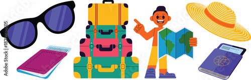 A happy smiling traveler tourist character holding a folded world map, surrounded by colorful stacked baggage suitcases, passport documents, and summer vacation accessories including sunglasses and st