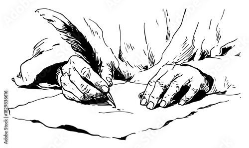 Hand-drawn vector sketch of human hands writing a letter or document on parchment paper with a vintage feather quill pen