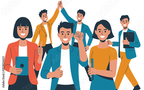 Dynamic diverse business team celebrating teamwork, leadership, and professional achievement, featuring smiling young adult colleagues giving thumbs up and fist bumps in a vibrant flat design illustra