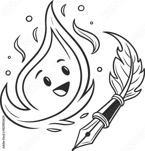 a cheerful cartoon character with flame-like hair and a big smile appears to be happy and moving forward. adorable cartoon creatures and elemental icons, four fluffy-haired heads