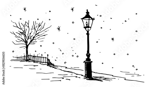 Hand-drawn vector sketch of a classic vintage street lamp glowing in a snowy winter park landscape with a bare tree and fence at night