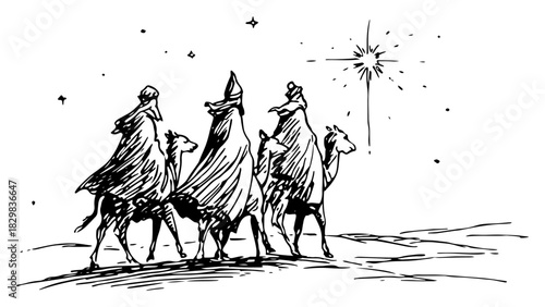 Three wise men on camels following star of Bethlehem minimalist black line art vector illustration