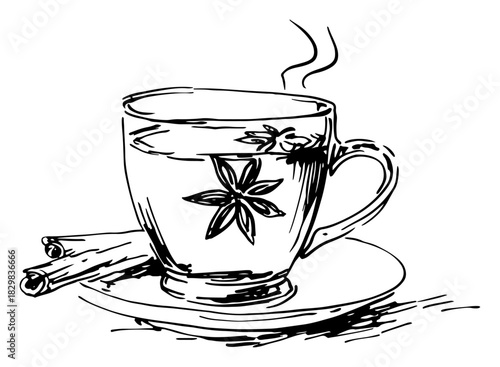 Steaming tea cup with star anise and cinnamon stick hand drawn black line art vector illustration