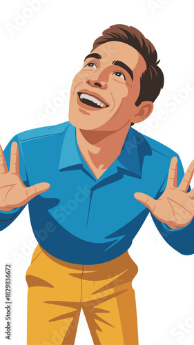 A happy enthusiastic young adult man looking upwards with an excited wide toothy smile and welcoming open hands gesture, celebrating success or realizing opportunity, dynamic vector illustration perfe