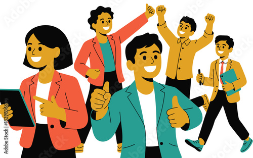 Vibrant team of diverse, cheerful business professionals celebrating corporate success and partnership, giving enthusiastic thumbs up and using technology, symbolizing motivation, achievement, and vic