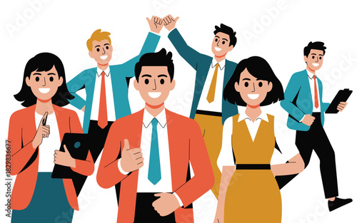 A dynamic group of diverse professional business colleagues and energetic employees celebrating successful teamwork, collaboration, and partnership with confident high-fives and thumbs-up gestures. Th