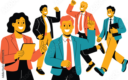 Confident and energetic diverse business team of successful professionals celebrating achievement and collaboration with happy, victory poses in a corporate work environment, perfect for modern market