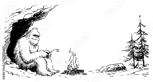 Yeti roasting marshmallow by campfire at cave entrance wilderness hand drawn vector illustration