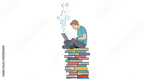 A young man coding while sitting on a stack of books, symbolizing education and technology