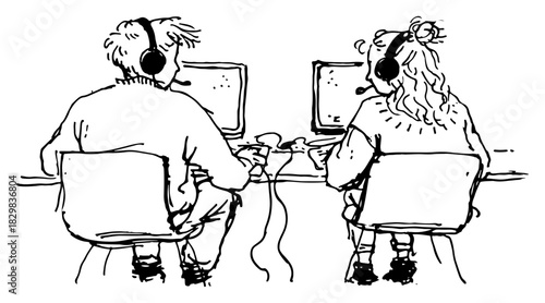 Hand drawn sketch of two support agents or gamers sitting at computers with headsets vector illustration of teamwork and communication