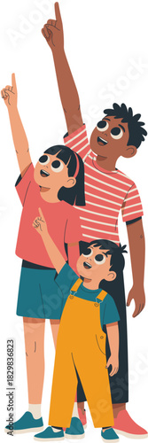 A joyful group of three diverse multiethnic children, a boy and two girls, standing together pointing upward with index fingers, looking excitedly up, representing education, discovery, and shared cur