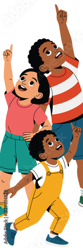 Diverse group of three young elementary school children pointing and looking upward with cheerful enthusiasm and wide-eyed amazement, vibrant flat vector illustration symbolizing childhood curiosity,