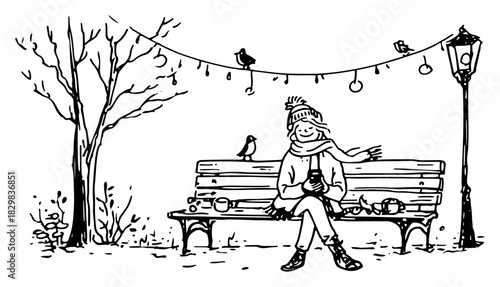 Hand drawn sketch of a girl sitting on a park bench using a smartphone under festive lights vector illustration of winter leisure