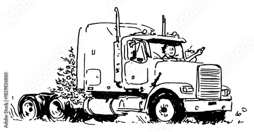 Hand drawn sketch of a large american semi truck with a happy driver inside vector illustration of freight transport and logistics
