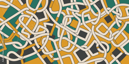 Intricate abstract retro pattern featuring continuous overlapping flowing curvy lines set against bold mustard yellow, teal green, and dark grey fields, forming a dynamic seamless tangle maze backgrou