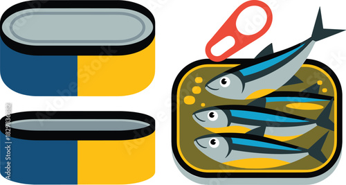 Stylized minimalist flat vector illustration displaying an opened rectangular tin of preserved small fish like sardines or sprats, alongside two unopened storage food cans, used for marketing and pack