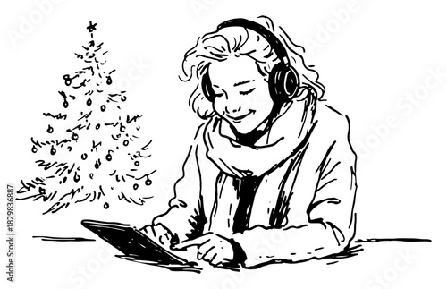 Hand-drawn vector sketch of a happy girl wearing headphones and a scarf using a tablet or phone near a decorated christmas tree