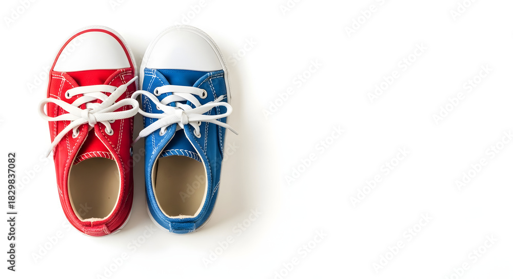 Fototapeta premium Two Colorful Sneakers, Red and Blue, Tied with White Laces, Isolated on a White Background
