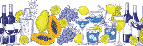 Hand-drawn border of cocktails, wine bottles, and fresh exotic fruits on white.