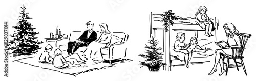 Family relaxing by Christmas tree and mother reading to children in bunk bed hand drawn holiday home interior vector illustration
