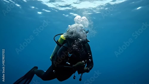 Wallpaper Mural Scuba diver swims in the deep blue sea. Water bubbles rising up. Torontodigital.ca