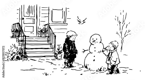 Children building snowman in front yard winter play scene hand drawn vector illustration