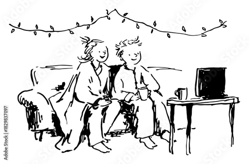 Hand drawn vector sketch of a happy couple relaxing on a sofa under a blanket watching a movie at home
