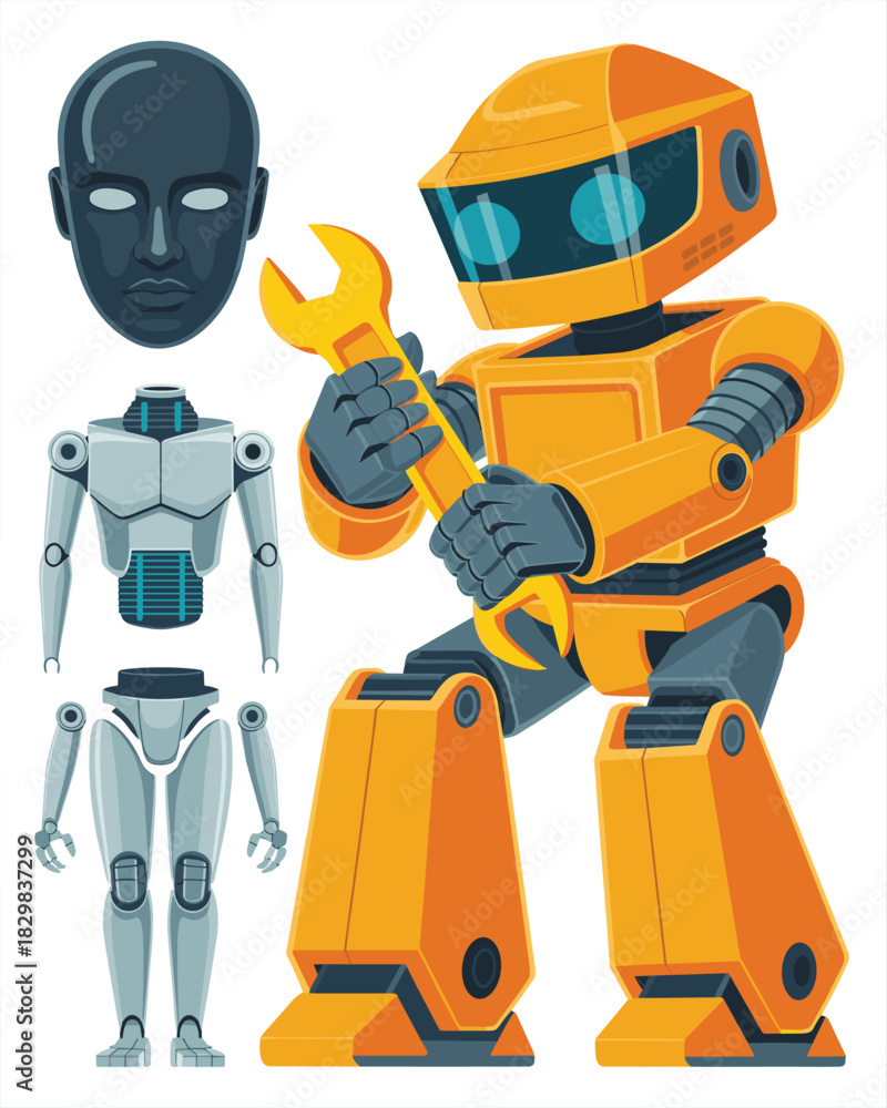 Fototapeta premium Highly detailed cartoon vector illustration of a dedicated orange mechanic robot holding a giant yellow wrench, actively working on advanced future android technology and disassembled grey components,